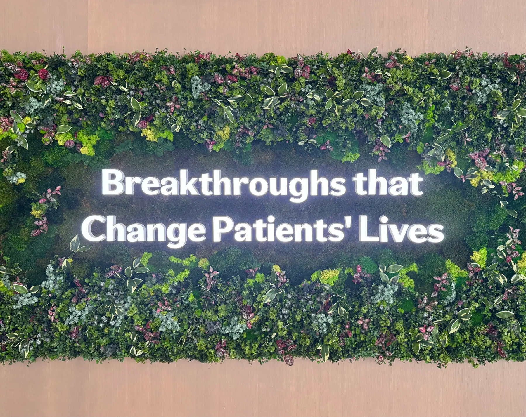 A brand message lettered into a preserved green wall